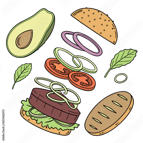 Hand drawn vegan burger ingredients exploding view