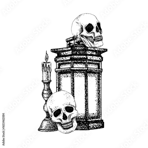 Human skulls, vintage lantern, candelabrum, burning candle. Black white graphic illustration, vector gothic composition for Halloween, Day of the Dead. Line art for postcard, posters, esoteric design