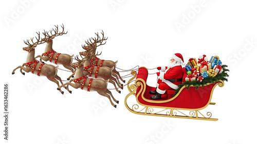 Santa claus sleigh reindeer christmas gifts holiday season festive celebration illustration image vector art on transparent background