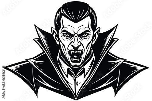 Illustration Menacing Vampire Head with Fangs, High Collar, and Intensely Glaring Eyes