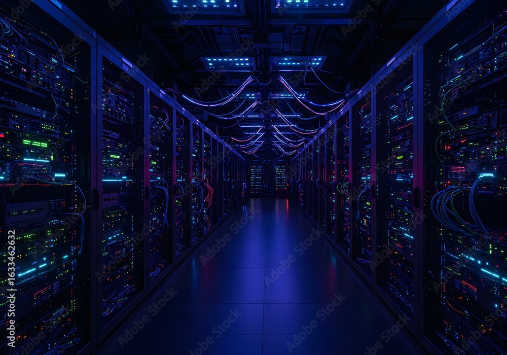 Fototapeta premium Server Room: Data Center with Rows of Operating Rack Servers for IT, Networking or Cloud Computing