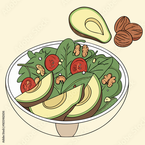 Salad with avocado tomatoes and nuts illustration greens