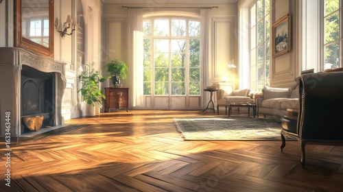 Sun-drenched, elegant living room with parquet floor