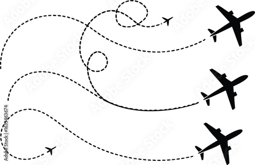 Aircraft vector icons showing flight routes with dotted lines depicting various air travel paths and flight plans illustration