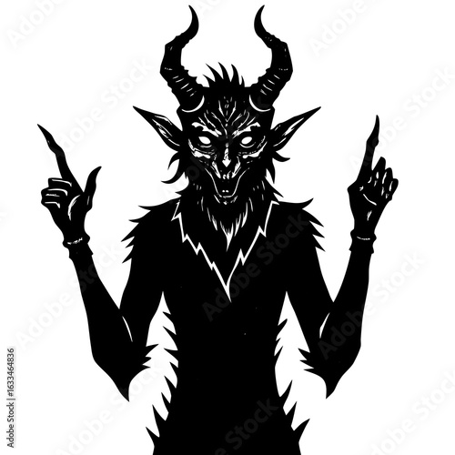 A spooky devil with horns pointing upwards isolated on white background