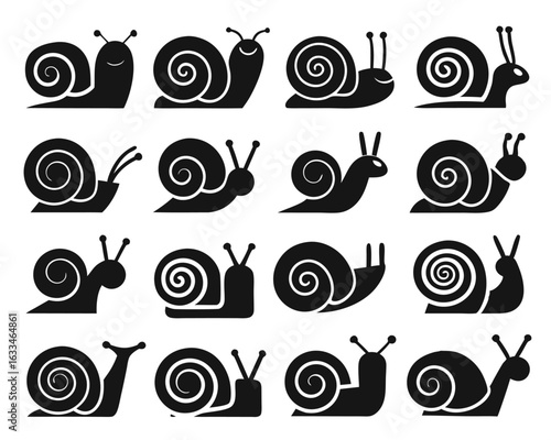 A simple black snail icon design illustration featuring a charming mollusk with a spiral shell isolated on transparent background