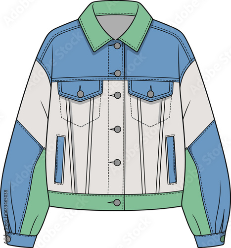 Color block denim jacket front flat sketch, modern fashion outerwear design for women or men, stylish streetwear garment template for apparel production and branding