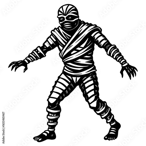 Ancient mummy with bandages isolated on white background, ready for halloween