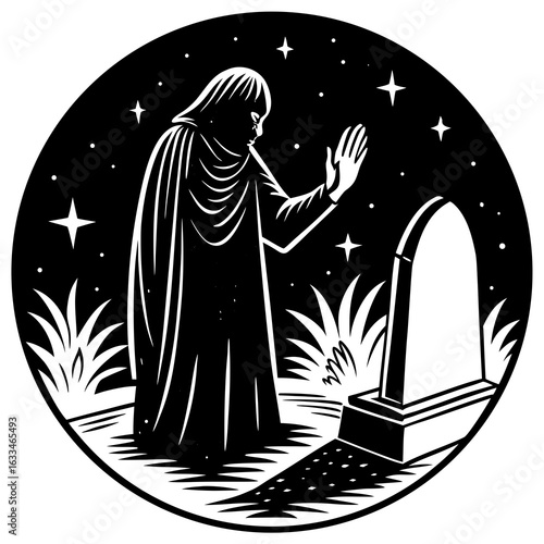 A cloaked figure stands in mourning beside a tombstone under a starry sky