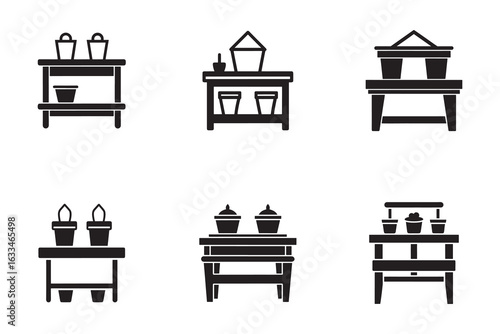 Set of black silhouette market tables with various gardening planters and pots in a minimal design concept illustration
