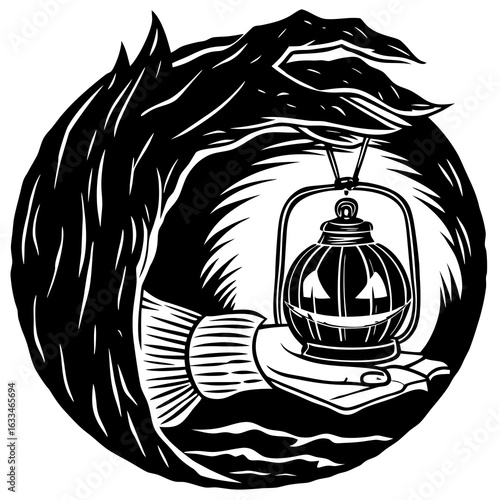 A hand holds a lantern amidst trees, creating a spooky and eerie atmosphere