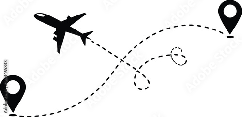 Airplane flight path with origin and destination markers showcasing travel and navigation possibilities with dotted line illustration