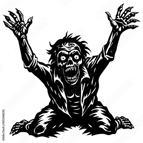 A terrifying zombie rises from the grave, reaching out with menacing claws