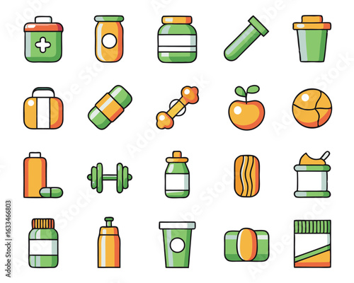 Graphic representation of sports nutrition products and fitness supplements for health and wellness campaigns isolated on transparent background