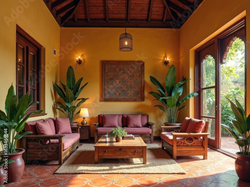 A traditional South Indian home interior, with wooden furniture, Athangudi tile flooring, brass lamps, banana leaf plants indoors, muted yellow and maroon color tones, cultural wall decor, cozy lighti