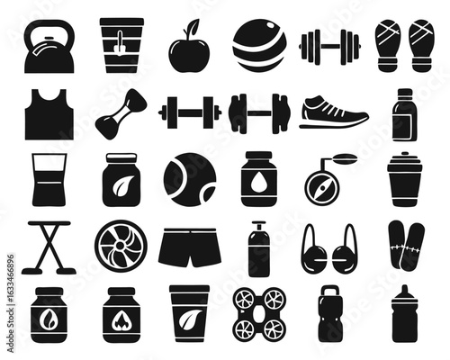 Graphic representation of sports supplements and fitness nutrition products with bold typography and energetic color accents isolated on transparent background