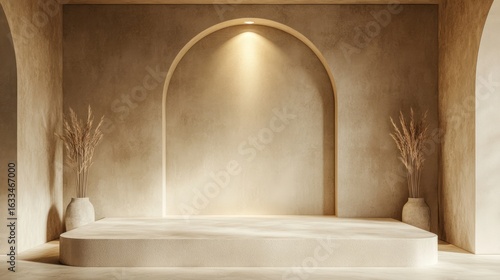 Beige minimalist interior with arched niches