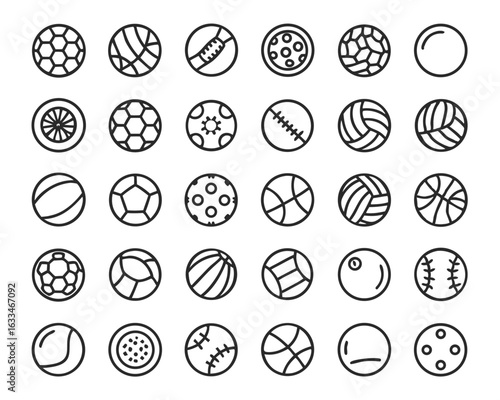 Collection of minimal flat line art sports balls including soccer basketball and more isolated on transparent background