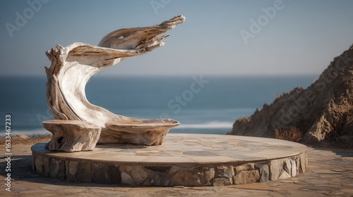 Fototapeta Naklejka Na Ścianę i Meble -  Curved driftwood podium on stone base, coastal design, faded white and sandy beige, golden natural light, open seaside setting.
