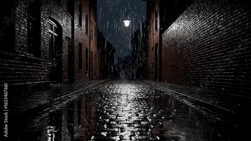Wet bricklined alleyway at night with a single street light reflecting the rain