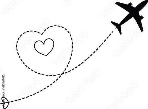 Airplane flying with a heart shaped route for travel romance and destination wedding invitation concept in minimalist design