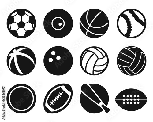 Collection of minimal flat line art sports balls including soccer ball and basketball isolated on transparent background