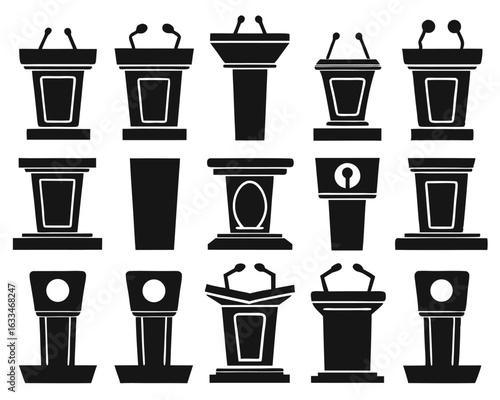 A graphic representation of a presentation platform featuring microphones for speakers isolated on transparent background