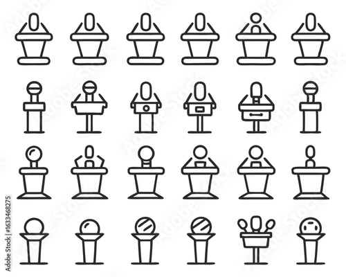 A graphic representation of a speaking platform with audio capture devices for public address and presentations isolated on transparent background