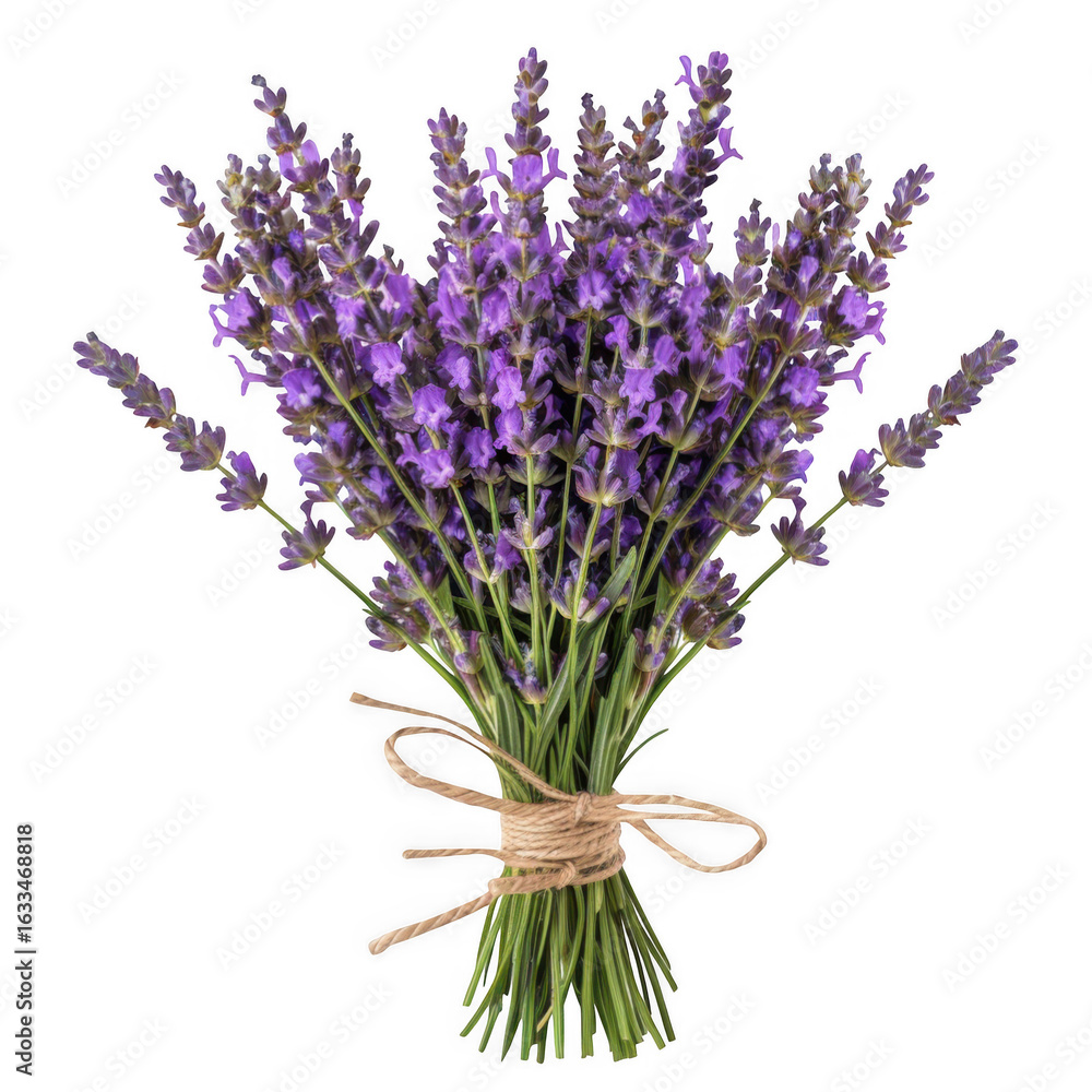 Naklejka premium Lavender flowers tied in a bundle with ribbon transparent background.