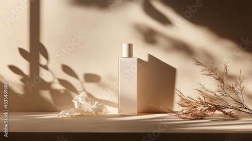 Beige perfume bottle, sunlit shadows