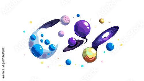 Explore colorful cartoon planets and celestial bodies in space for astronomical education and design needs