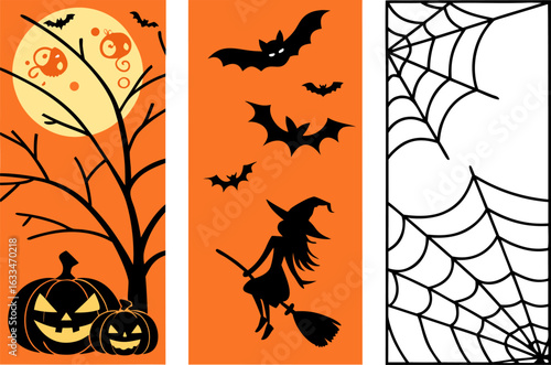 Spooky halloween scene with a witch flying on a broomstick jack o lanterns bats and a full moon set against an orange background with a spiderweb border
