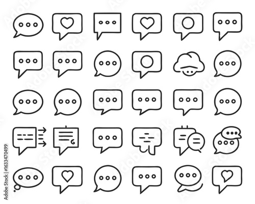 Collection of modern communication symbols in a clean line art style featuring chat bubbles and message indicators isolated on transparent background