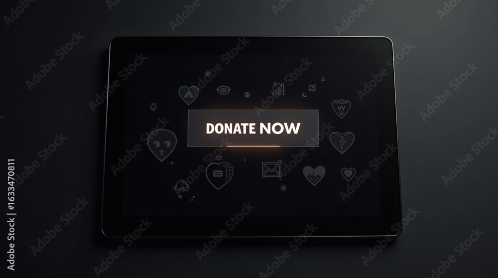 Fototapeta premium A tablet displaying a donate now button surrounded by charityrelated icons, symbolizing online giving and support for various causes and fundraising efforts, with a modern and digital aesthetic