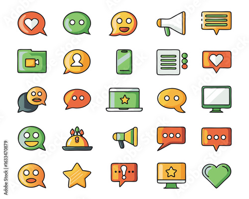 A collection of modern communication symbols featuring chat bubbles and message indicators in a clean line art style isolated on transparent background