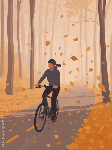 Cyclist Riding Through Fall Foliage Path.