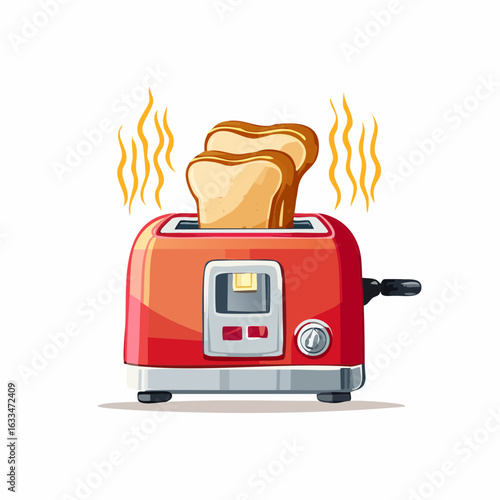 A classic red toaster popping out two slices of golden brown toast
