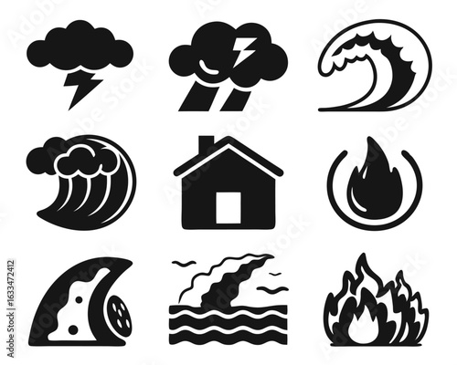 Collection of stylized weather event symbols showcasing storms and atmospheric phenomena isolated on transparent background