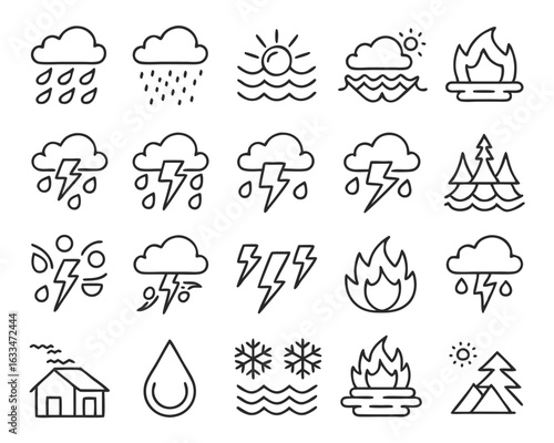 Collection of stylized natural disaster symbols representing various weather phenomena including storms and atmospheric disturbances isolated on transparent background