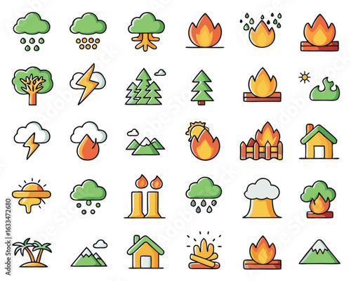 Collection of diverse natural disaster symbols illustrating various weather phenomena and catastrophic events isolated on transparent background