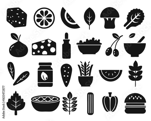 Comprehensive collection of vegan lifestyle symbols and dietary emblems in striking black and vibrant blue color palette isolated on transparent background