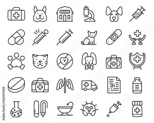 Comprehensive veterinary care icon collection featuring pets and medical symbols isolated on transparent background