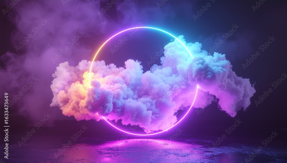 Fototapeta premium Dreamy Night Sky with Glowing Round Neon Shape and Cloud