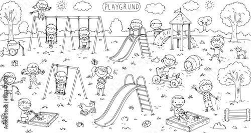 Playful Kids in a Playground: Whimsical Black and White Cartoon Illustration