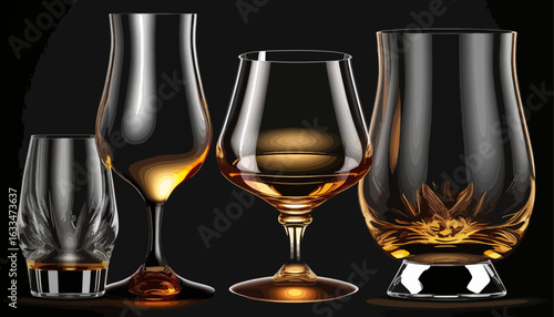 Selection of four different types of drinking glasses for spirits, showcasing their distinct shapes and transparent quality against a dark backdrop.  The glasses display warm, amber hues.