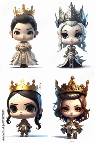 Four small, stylized figures, each wearing a crown, presented in a grid-like format.  The figures are distinct in their attire and expressions.