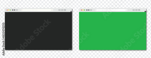 Web Browser Windows: Modern web browser windows with sleek, minimalist design on a transparent backdrop. One is black and the other one is green. Ideal for showcasing web design elements.
