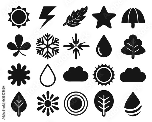 Comprehensive collection of weather and seasonal nature symbols presented as clean outline graphics isolated on transparent background