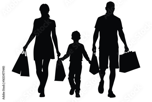 Silhouetted Family Walking with Shopping Bags Mother, Father, and Child Holding Hands Together
