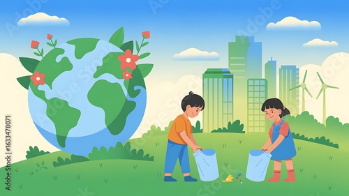 Children actively clean up litter near a stylized Earth, promoting environmental responsibility and a greener future.